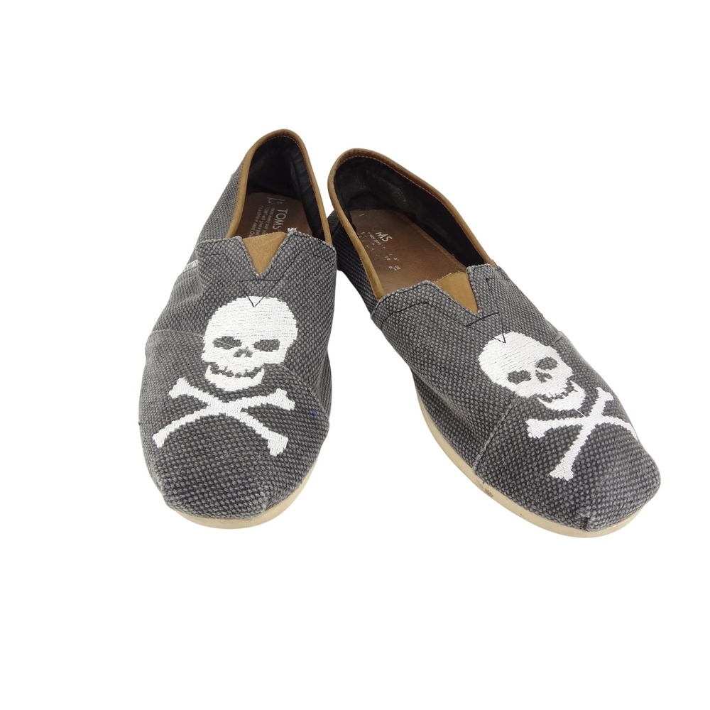 TOMS Mens 13 Classic Alpargata Gray Canvas Skull Crossbones Slip On Loafers